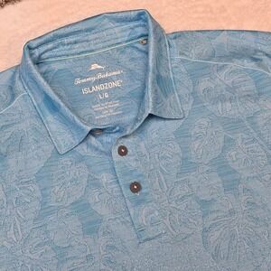 Tommy Bahama Island Zone Polo Shirt Palm Coast Tropic Fade Blue Men Sz L UPF 30